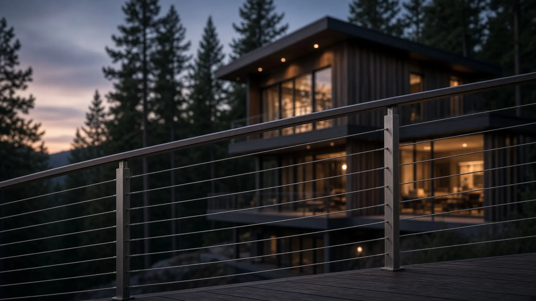 Stainless steel cable railing in the foreground of a mountain home