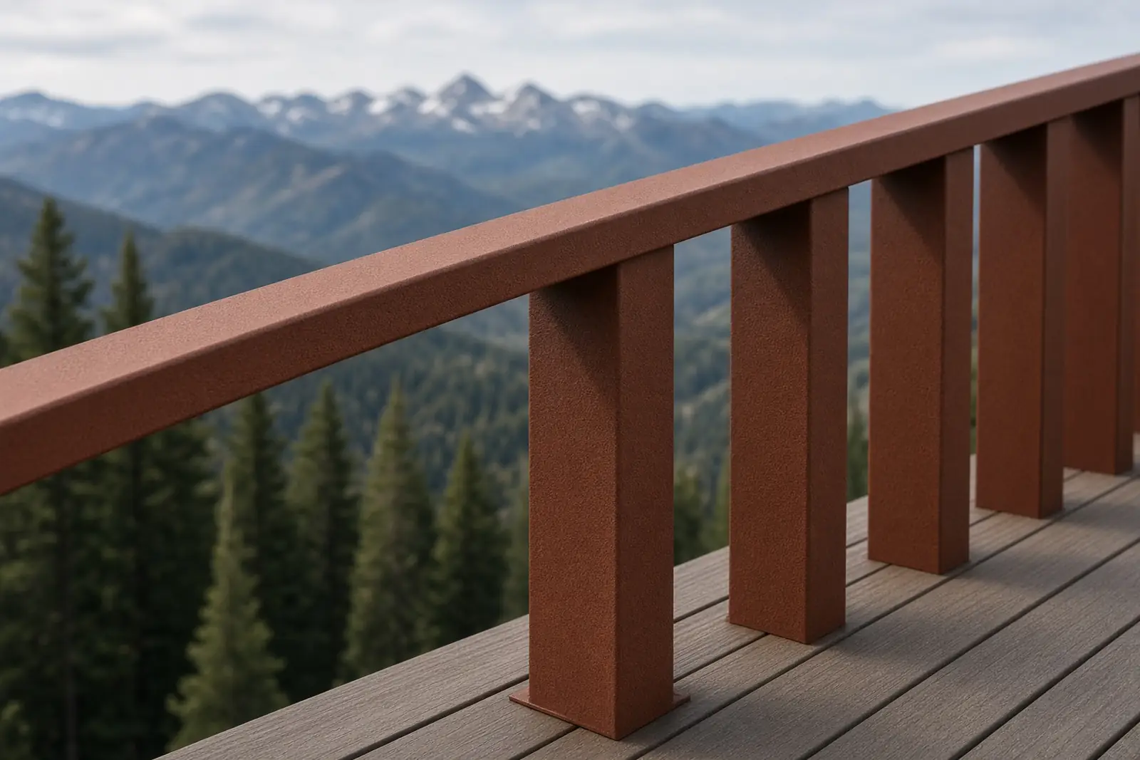 Powder-coated steel railing posts and flat bar top rail