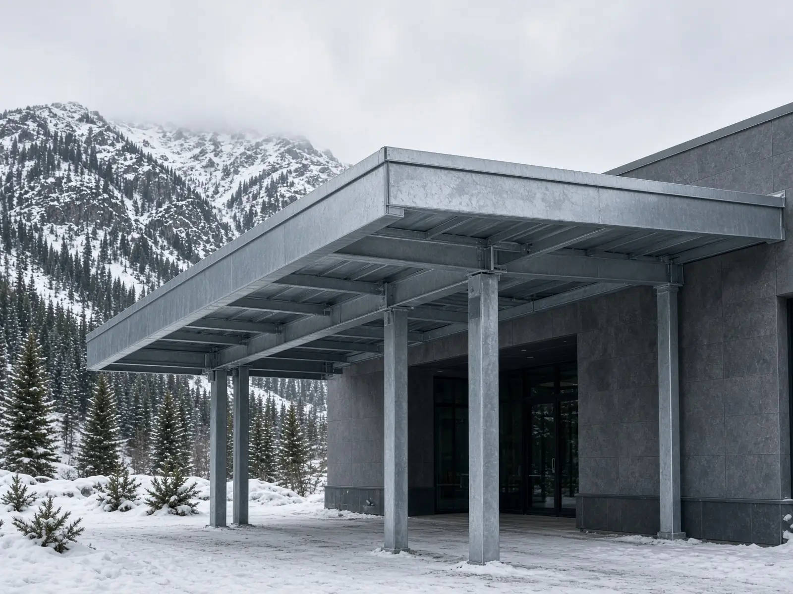 Hot-dip galvanized steel canopy at a mountain commercial building