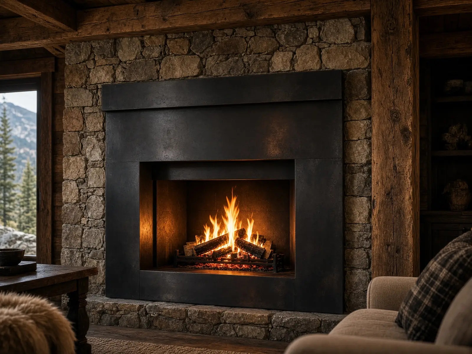 Blackened steel fireplace surround in a mountain living room