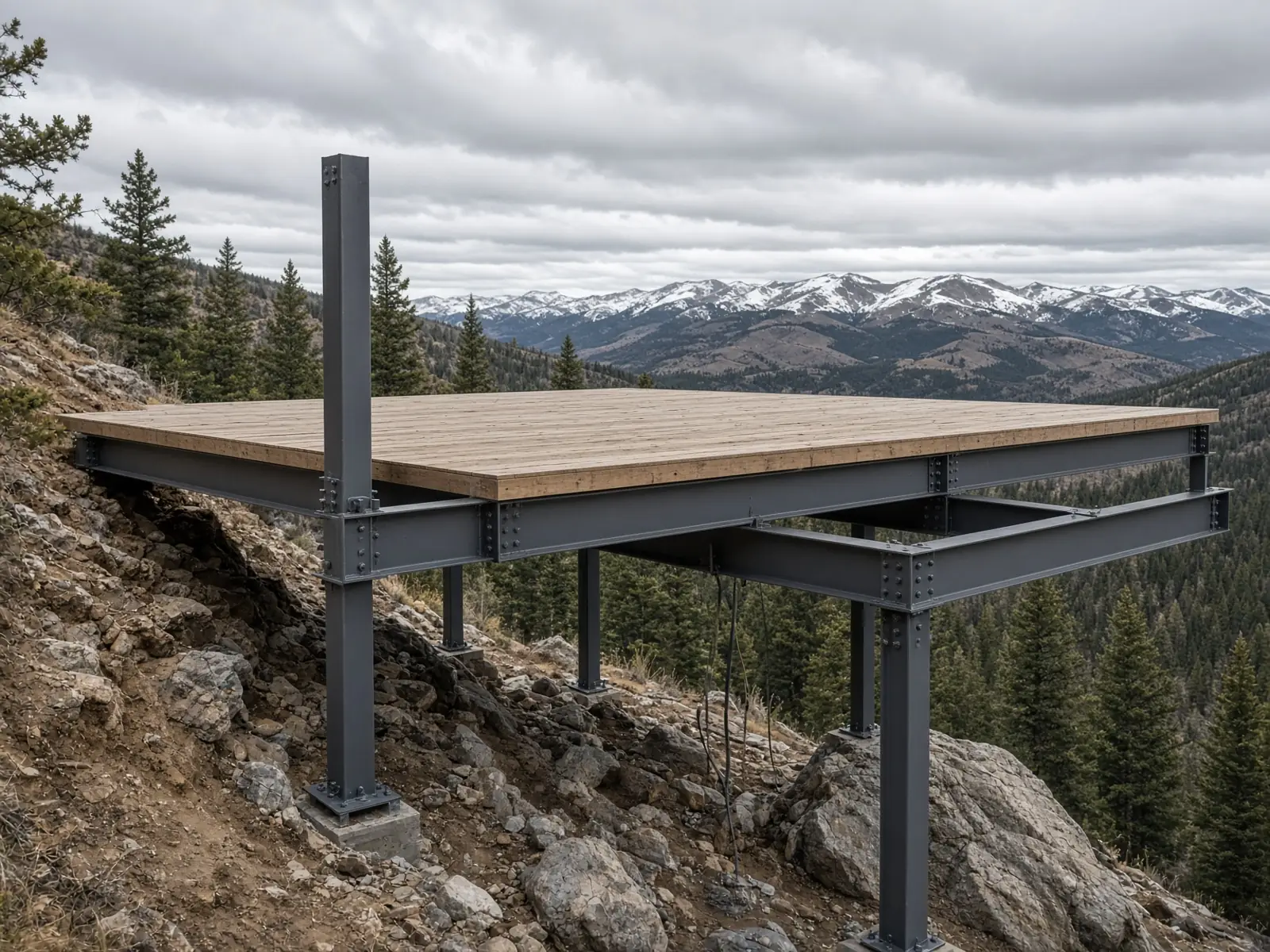 Structural steel posts and beams supporting a hillside deck