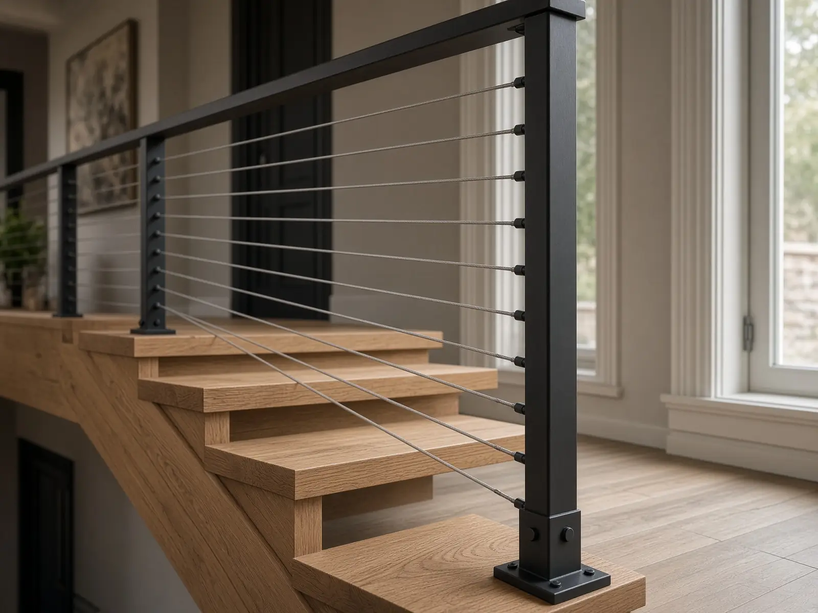 Interior steel cable stair railing with oak treads