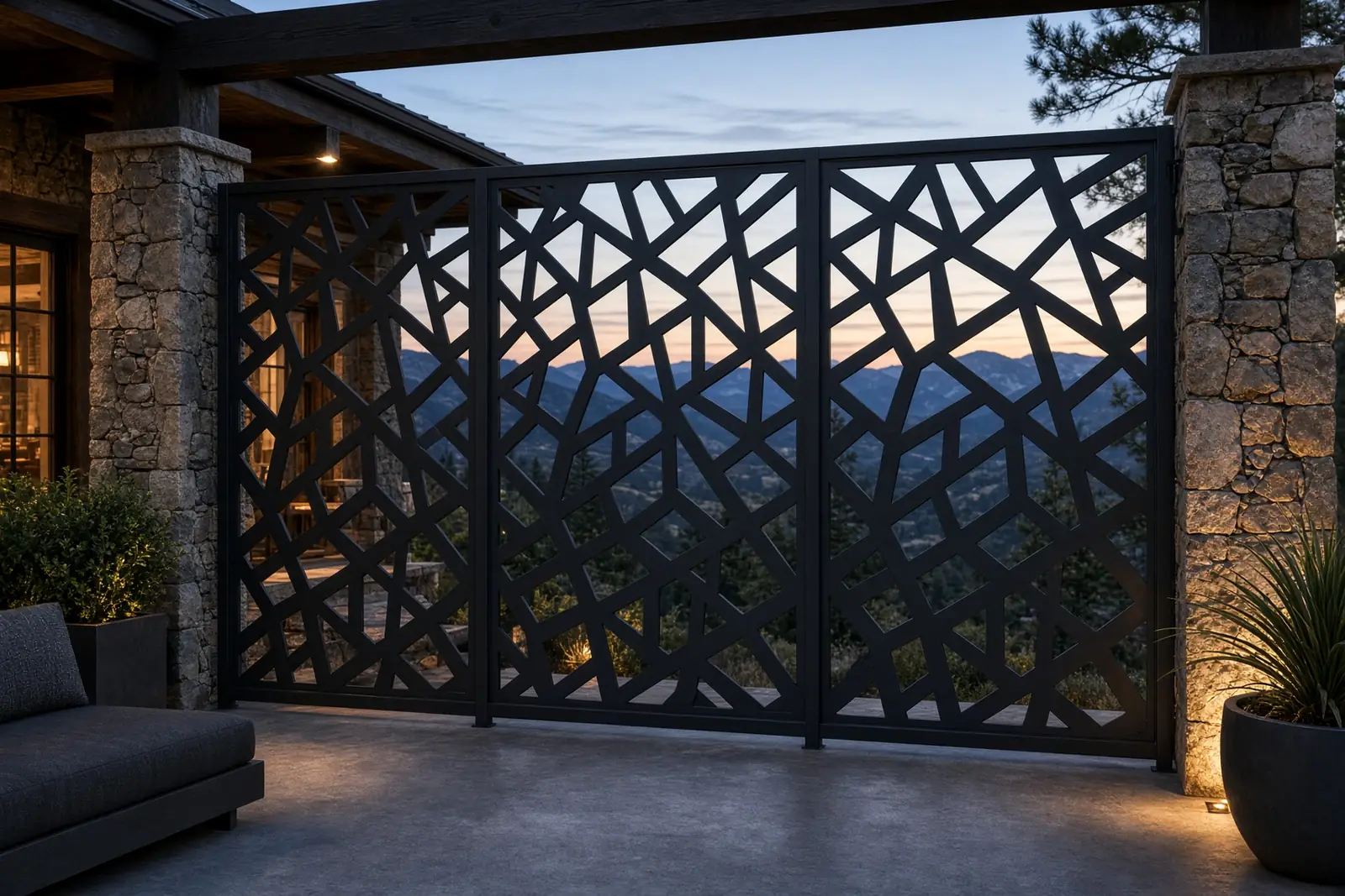 Laser-cut ornamental steel privacy screen on a patio at evening