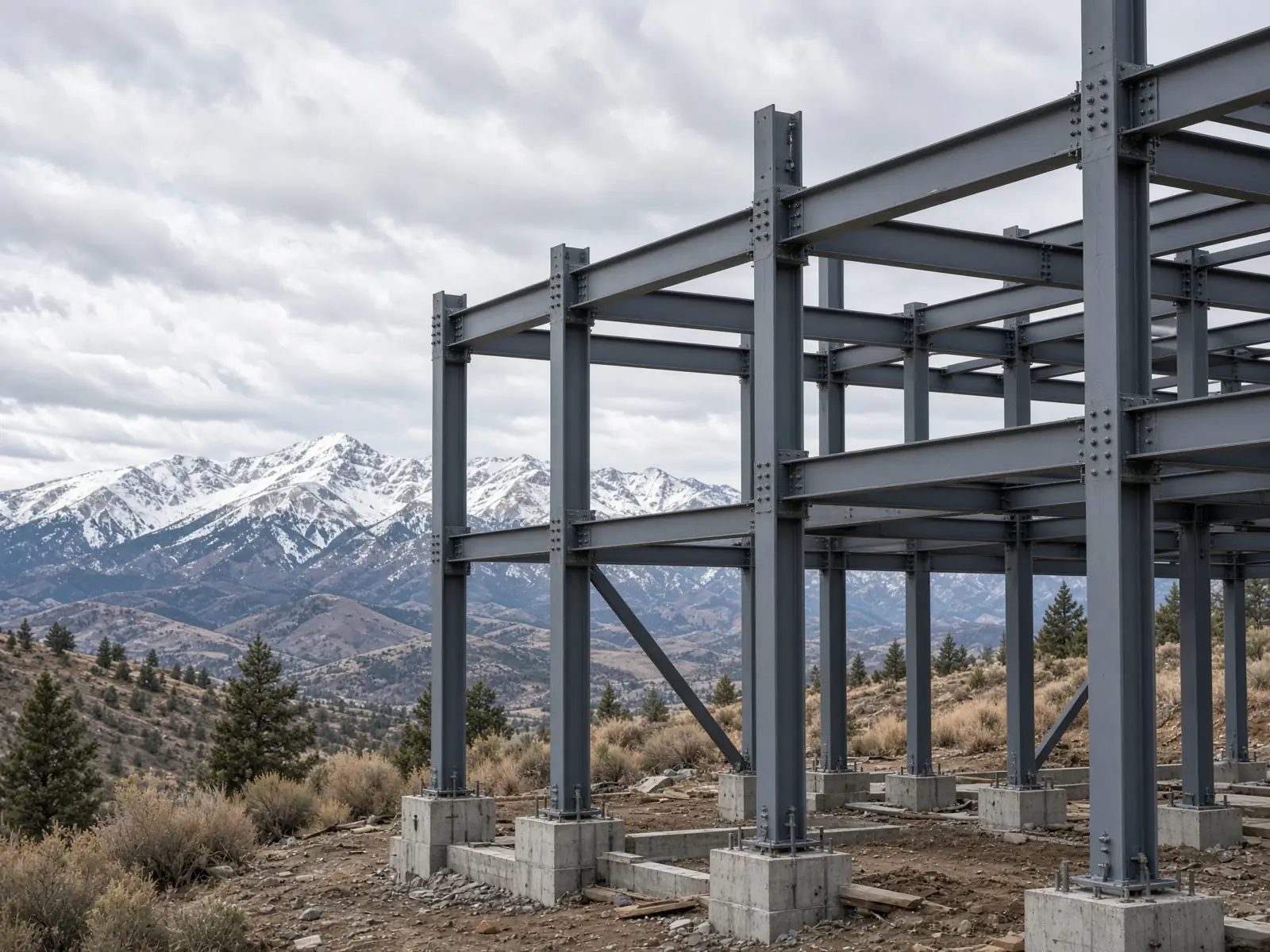Residential structural steel frame on a hillside